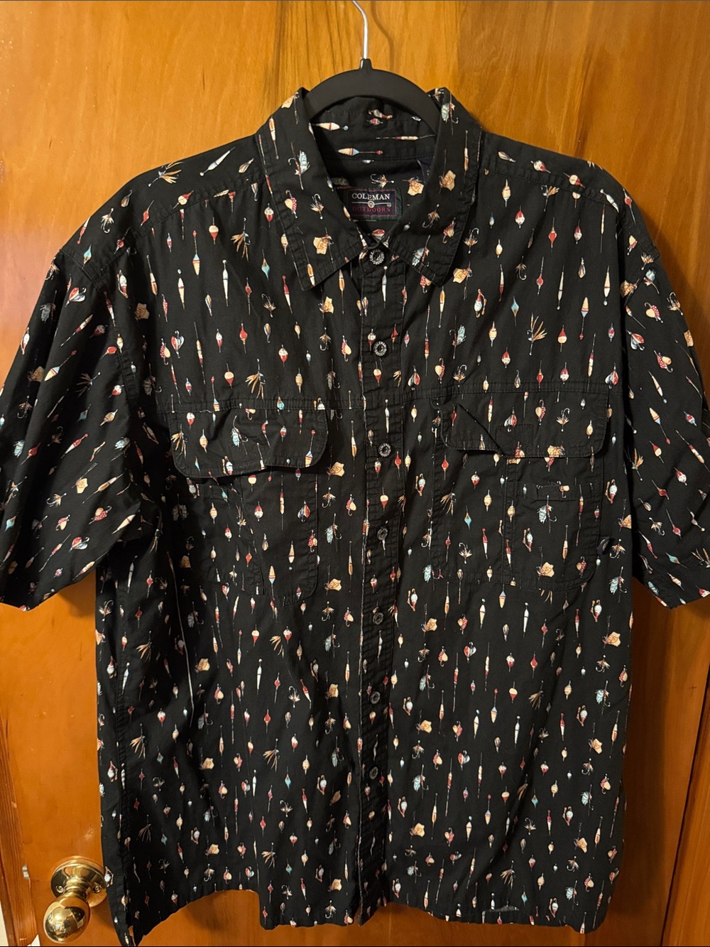 Coleman Black Short-Sleeve Button-Front Shirt with Multicolor Fishing Print